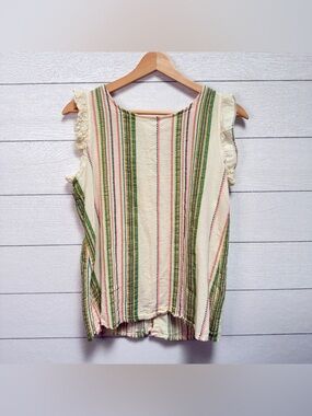 Italian Cotton + Linen Sleeveless Striped Blouse Back Button Size Small